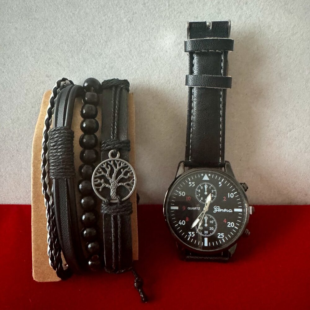 Men's Watch & 4 Matching Bracelets Black Face w White Numerals Set Accessories